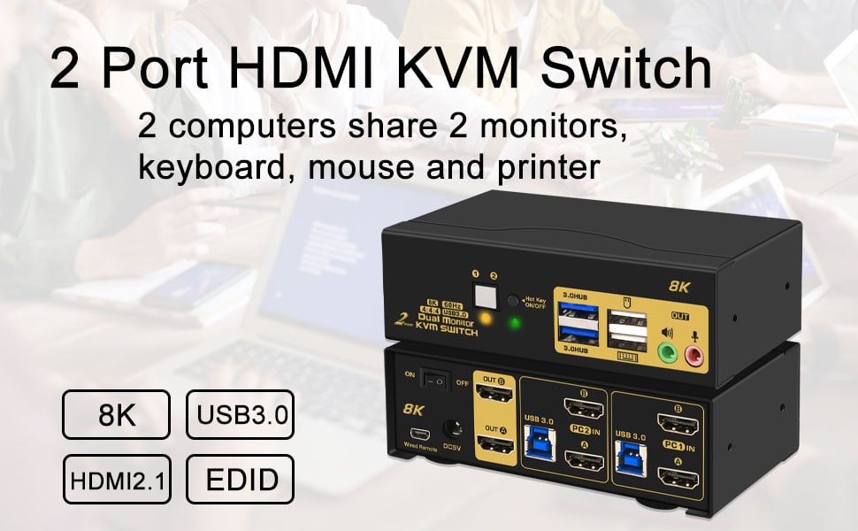 2 in 2 out USB3.0 8K HDMI KVM switch 2 computers share 2 monitors and 4 USB devices