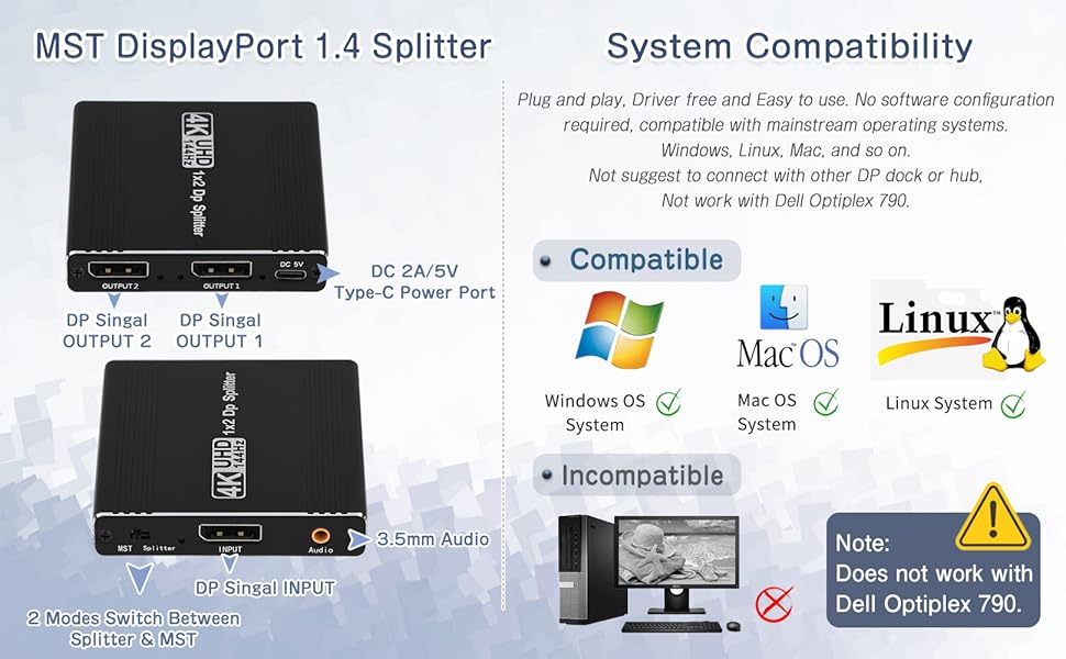 DisplayPort to Dual Displayport Splitter