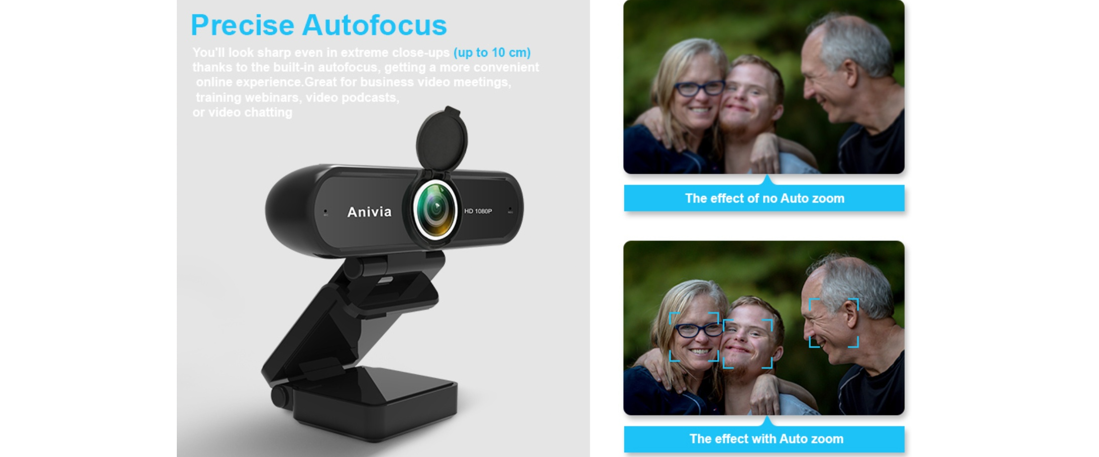 INMISS webcam, precise autofocus, auto zoom comparison, close up shot, video call