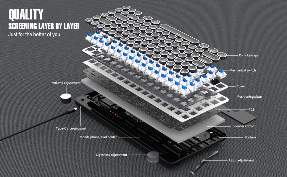 Elegant keyboard appearance with complex structure inside.