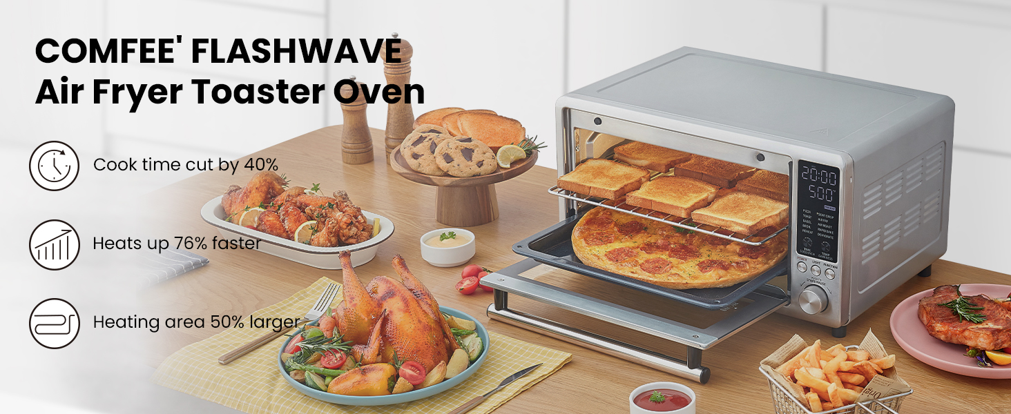 COMFEE 12-in-1 Air Fryer Toaster Oven Combo 6 Slice Countertop Convection  Oven with Rotisserie Precise Temperature Control 26.4 QT Large Capacity  Fits 12 Pizza 6 Accessories Stainless Steel 
