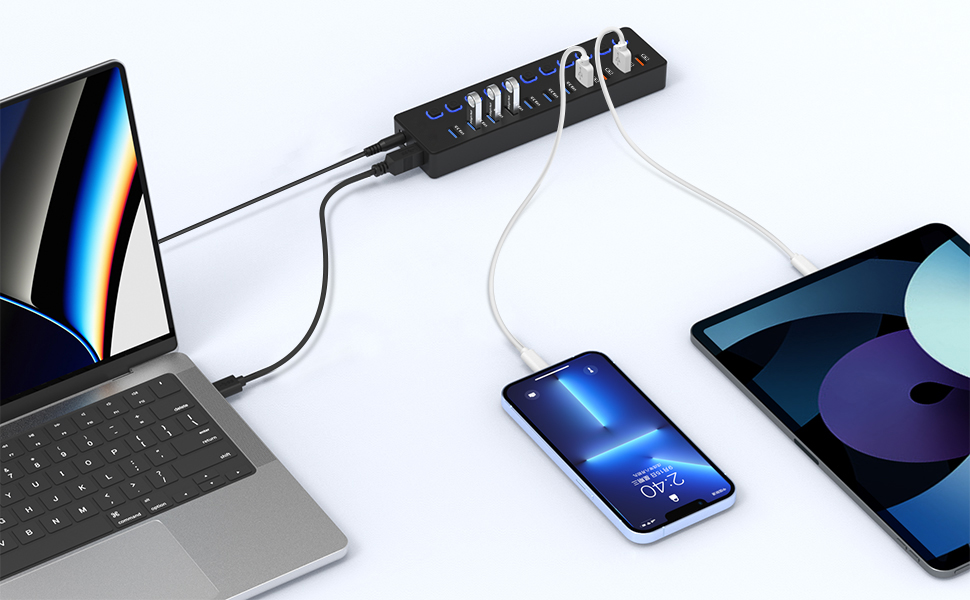 11 Port Powered USB hub: 7 USB 3.0 Ports + 4 Smart Charging Ports