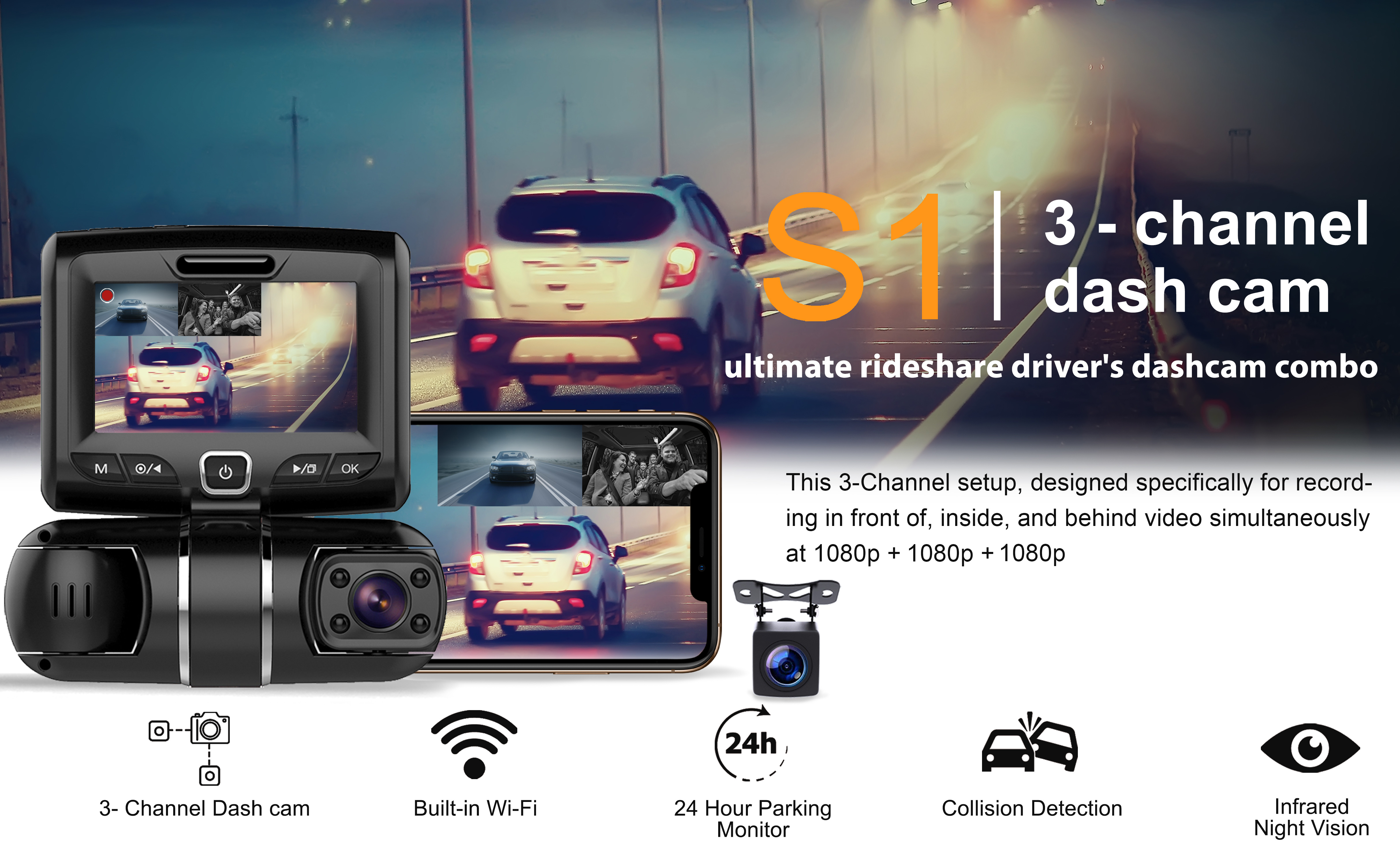 Rexing S3 3-Channel Dash Cam Front, Cabin, Sides 1080P+1080p+1080p with Wi-Fi and GPS