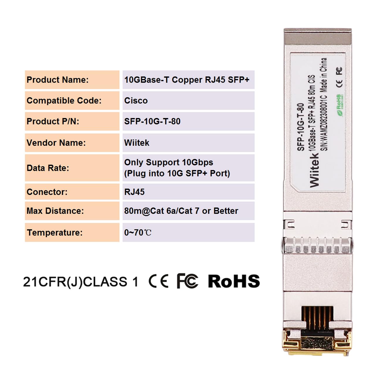 Wiitek 10Gbps SFP+ to RJ45 Modules, 10GBase-T SFP+ Copper Transceiver (Cat 6a/7 or Better, 80-Meter)