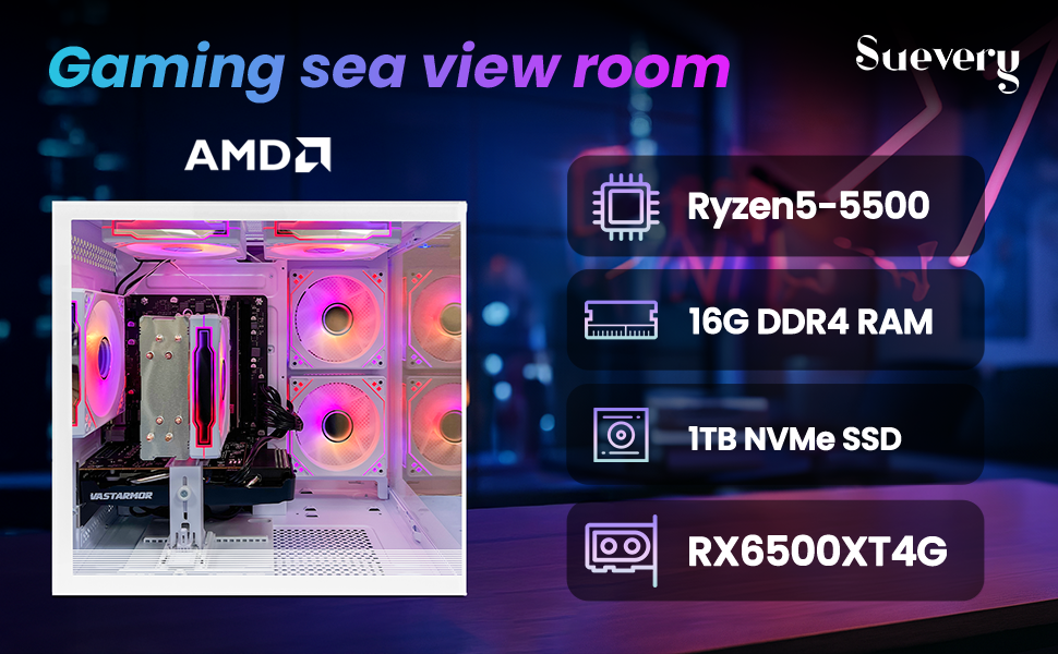 Suevery Gaming PC Desktop, AMD Ryzen 5 5500, Radeon RX 6500XT 4GB, 1TB NVMe SSD, 16GB DDR4, Wifi 6,