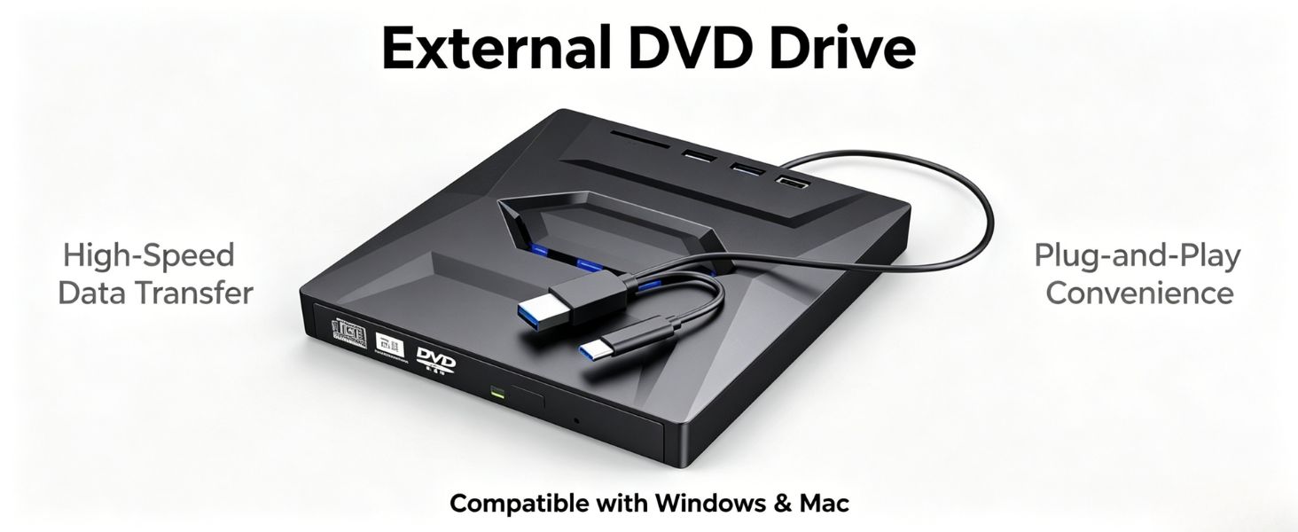 5-in-1 External CD DVD Drive for Laptop, USB 3.0 & USB C Portable DVD Burner