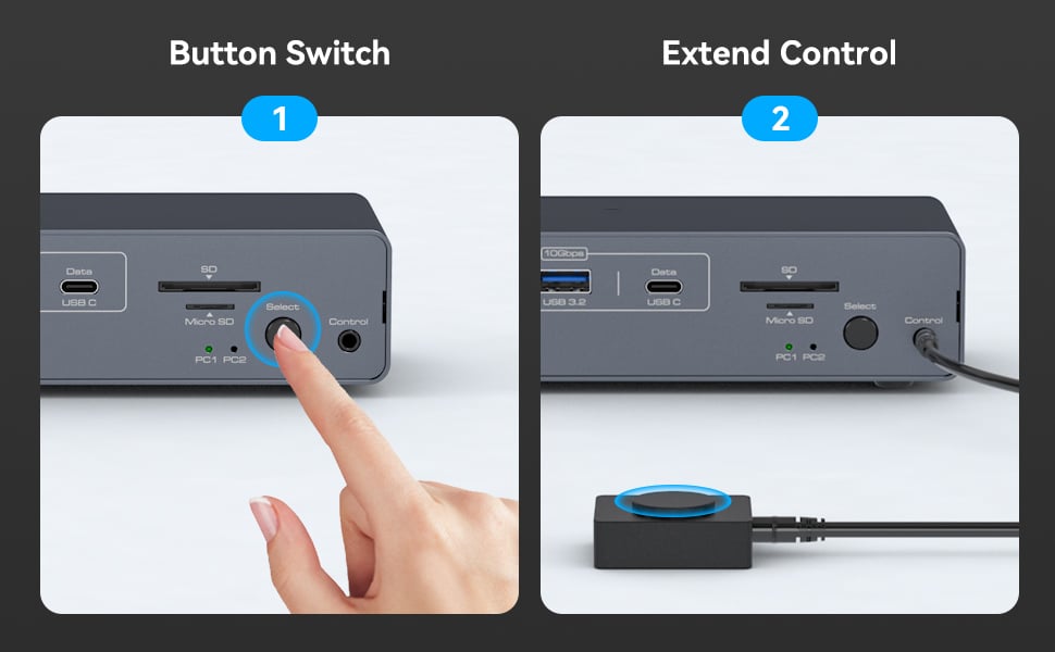 ONE BUTTON TO SWITCH 1. Desktop extension button lets you hide the extension under your desk or out