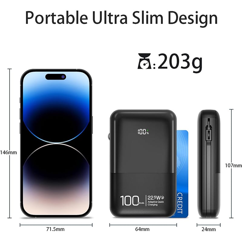 Mini Power Bank 10000mAh with Built in Cables