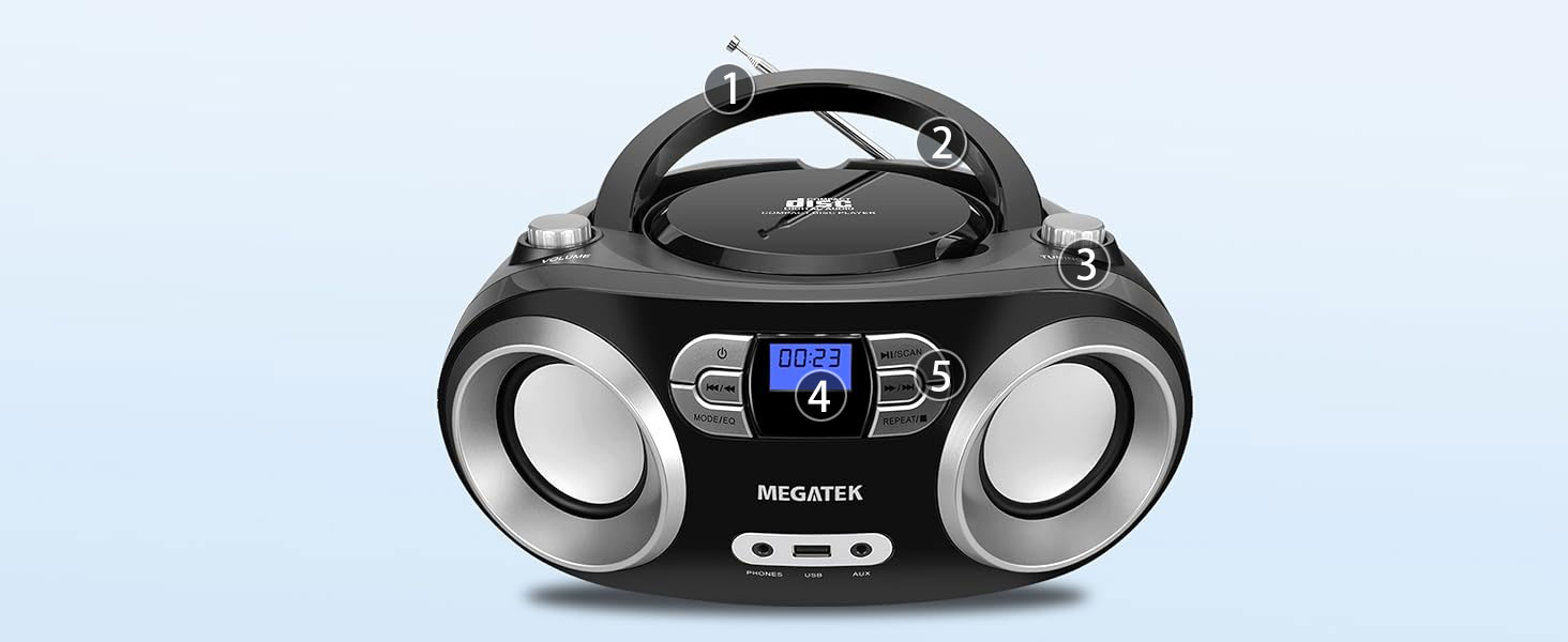 MEGATEK CB-M25BT Portable CD Player Boombox with FM Radio