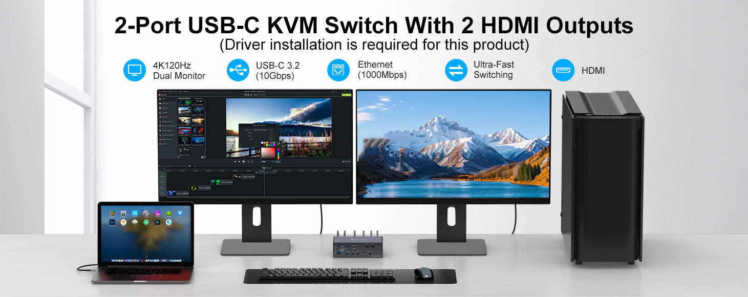 4K@120Hz Mac Docking Station KVM Switch for 2 Laptops 2 Monitors