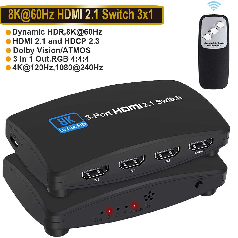 8k HDMI Switch 2.1, High Speed 48Gbps 4K 120hz BI-direction Splitter Switch  2-port Compatible with Xbox PS5 PS4 pro 8K HDTV 