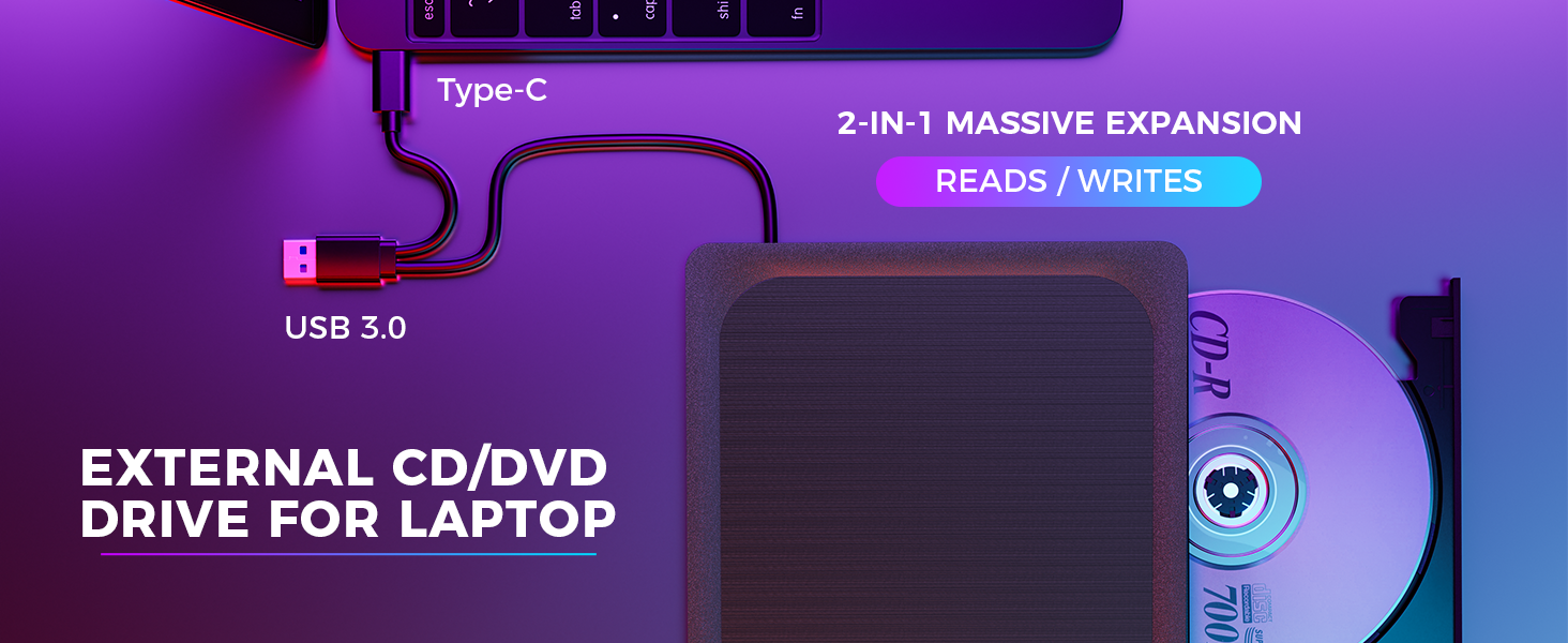 External DVD Drive with Brushed Metal Surface USB 3.0 Type C- CD/DVD±RW Burner Ultra Slim for DVD Re