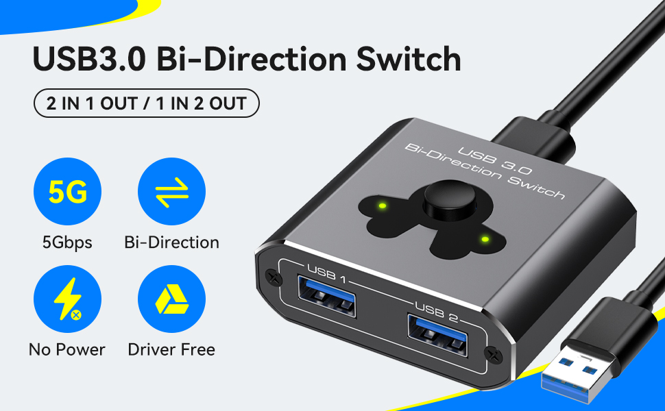 USB 3.0 Bidirectional Switcher 2 in 1 out/1 in 2 out, Plug and Play, No Power Required.