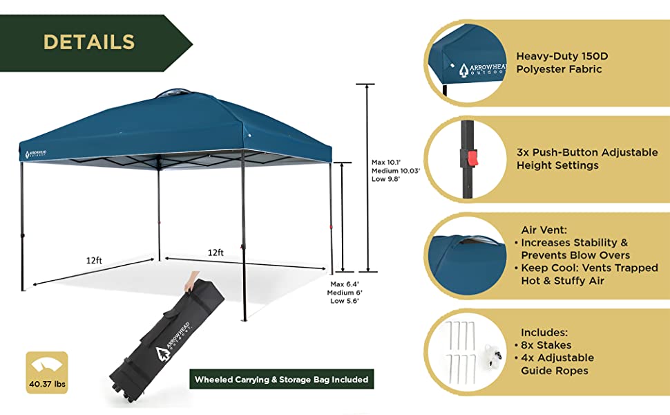ARROWHEAD OUTDOOR 12x12 PopUp Canopy & Instant Shelter, Easy One