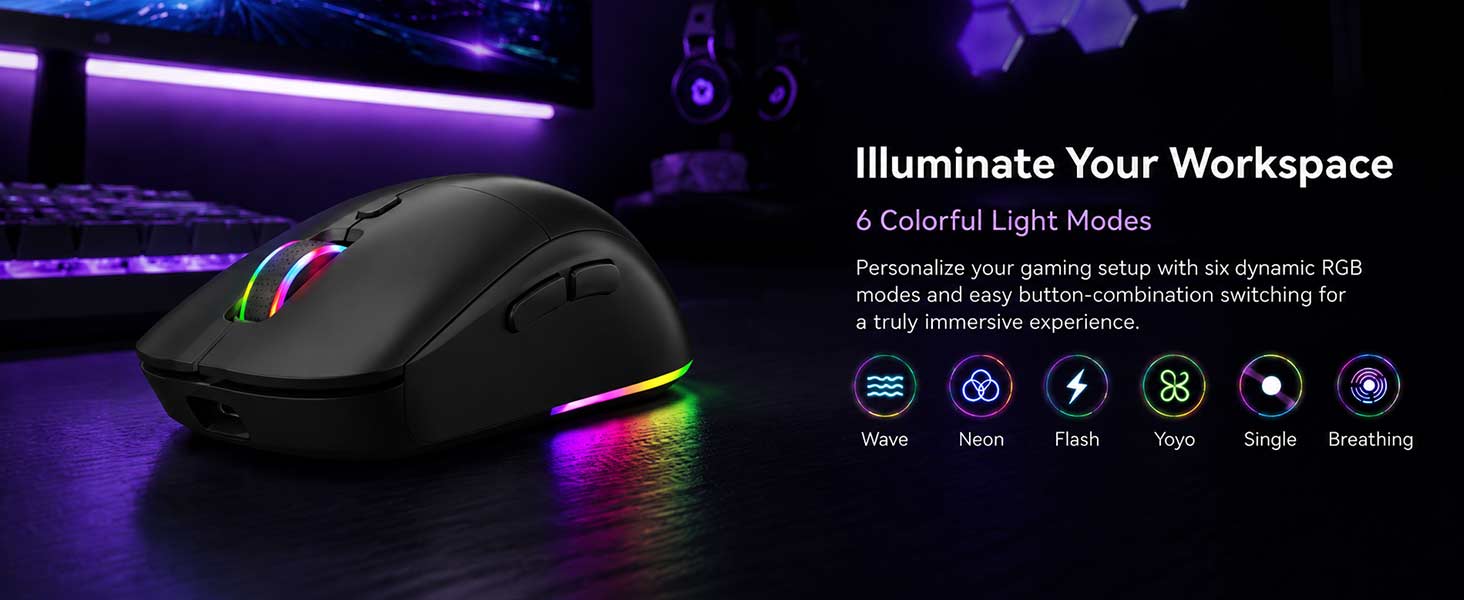 Wireless Gaming Mouse, RGB Bluetooth/2.4G/Wired, 4800 DPI -Black | Dual Bluetooth, 2.4G & wired Tri-