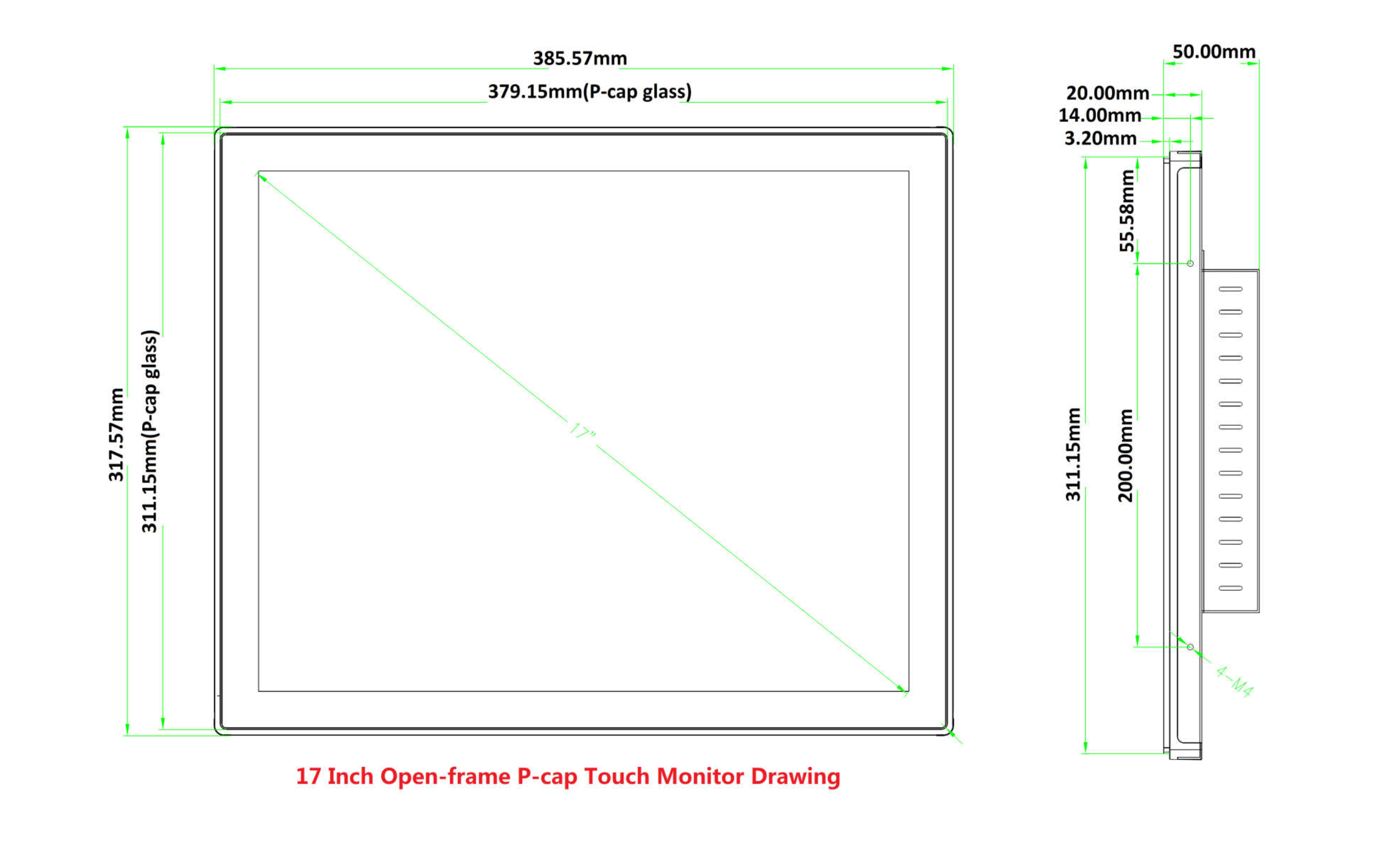 drawing for 17 inch open frame P-cap touch monitor