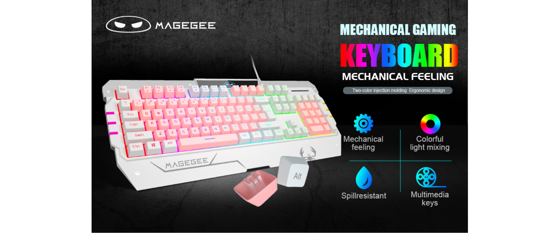 INMISS tactile gaming keyboard, double injection keycaps, water resistant, mixed RGB lights