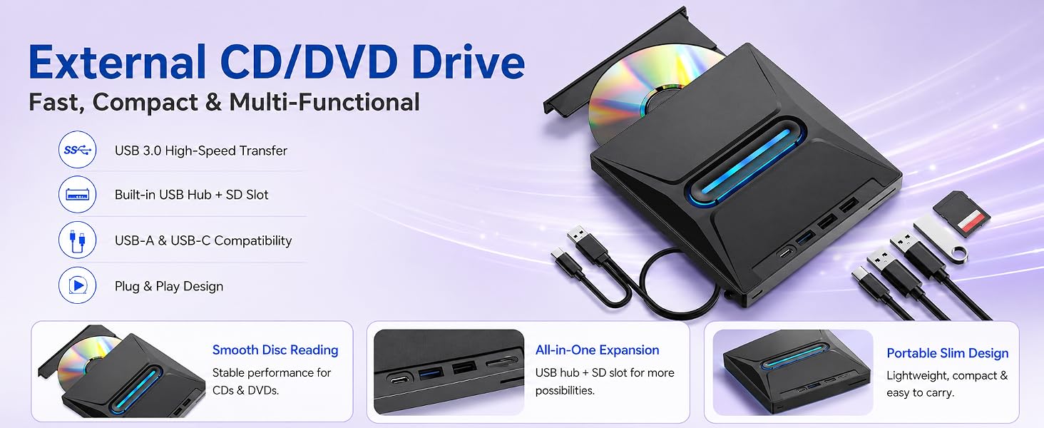 USB 3.0 Type C External CD/DVD Drive with Light Function, Portable Type-C DVD+/-RW Optical Disk Driv