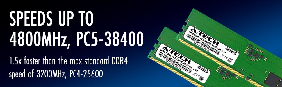 DDR5 Velocidades de até 4800MHz PC5-38400 1,5x mais rápido que DDR4 3200MHz PC4-25600