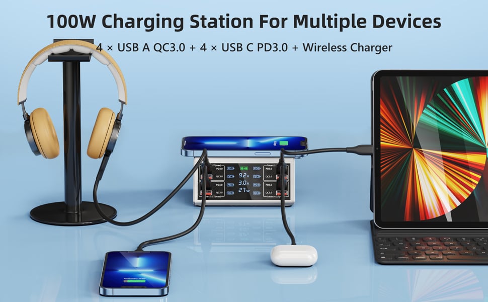 Hitoor 100W 8-Port Type C PD & USB Charging Station for Multiple Devices with 4 USB QC 3.0 + 4 USB C