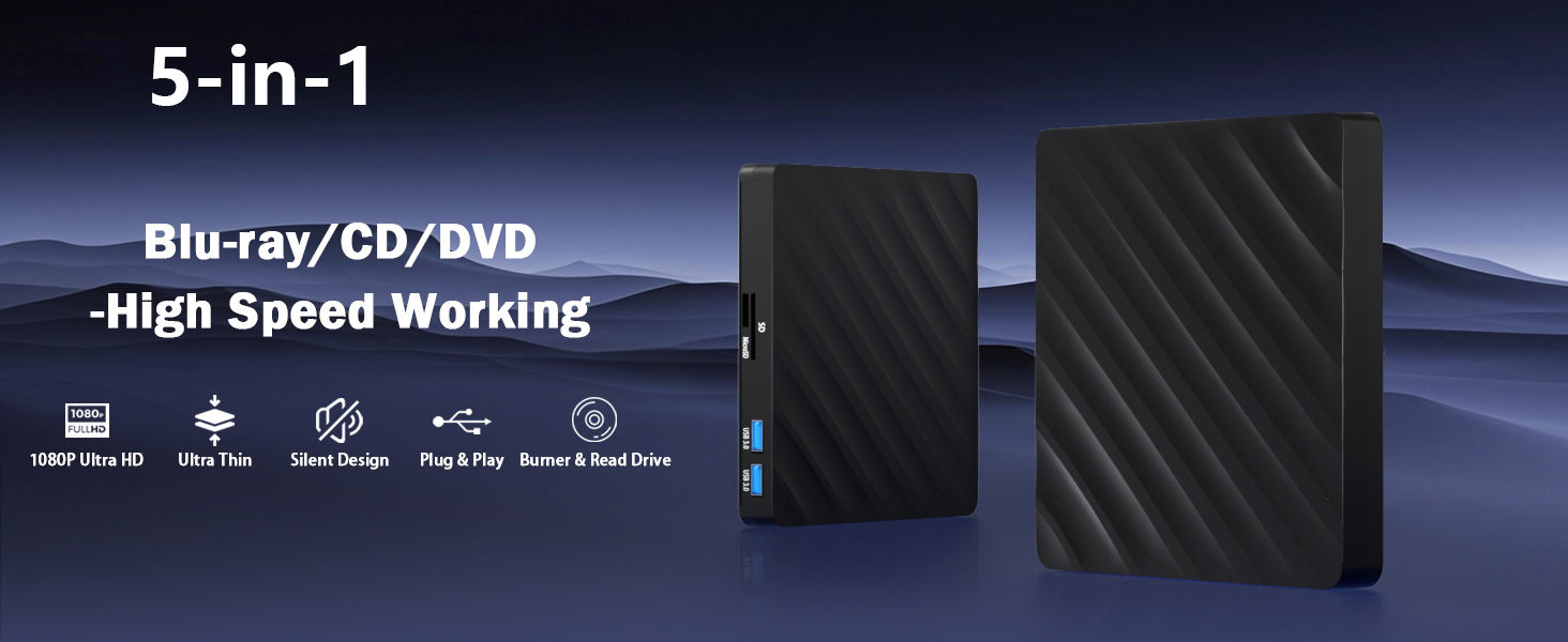 5 in 1 External Blu-Ray Drive, External Blu Ray CD DVD Drive with USB 3.0 Type-C, Bluray Read/Writer