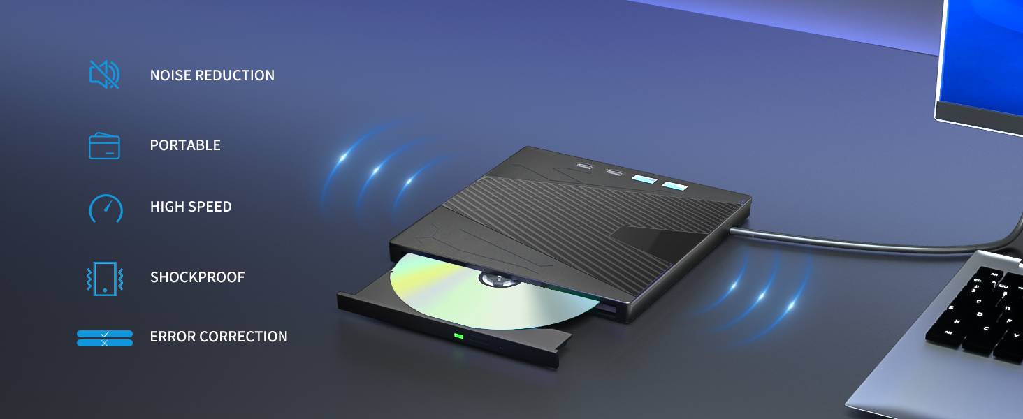 External CD/DVD Drive for Laptop, 7-in-1 DVD Player for Laptop USB 3.0 & Type-C Portable CD DVD Burn