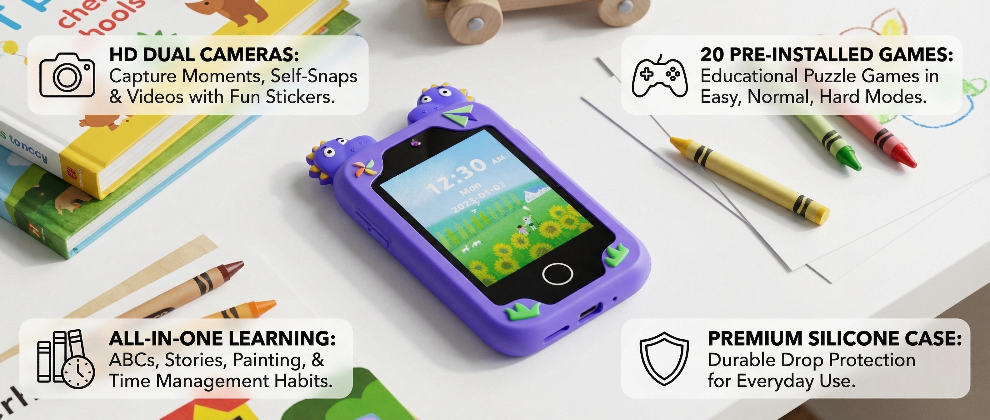 ALL-IN-ONE LEARNING/HD DUAL CAMERAS/20 PRE-INSTALLED GAMES/PREMIUM SILICONE CASE