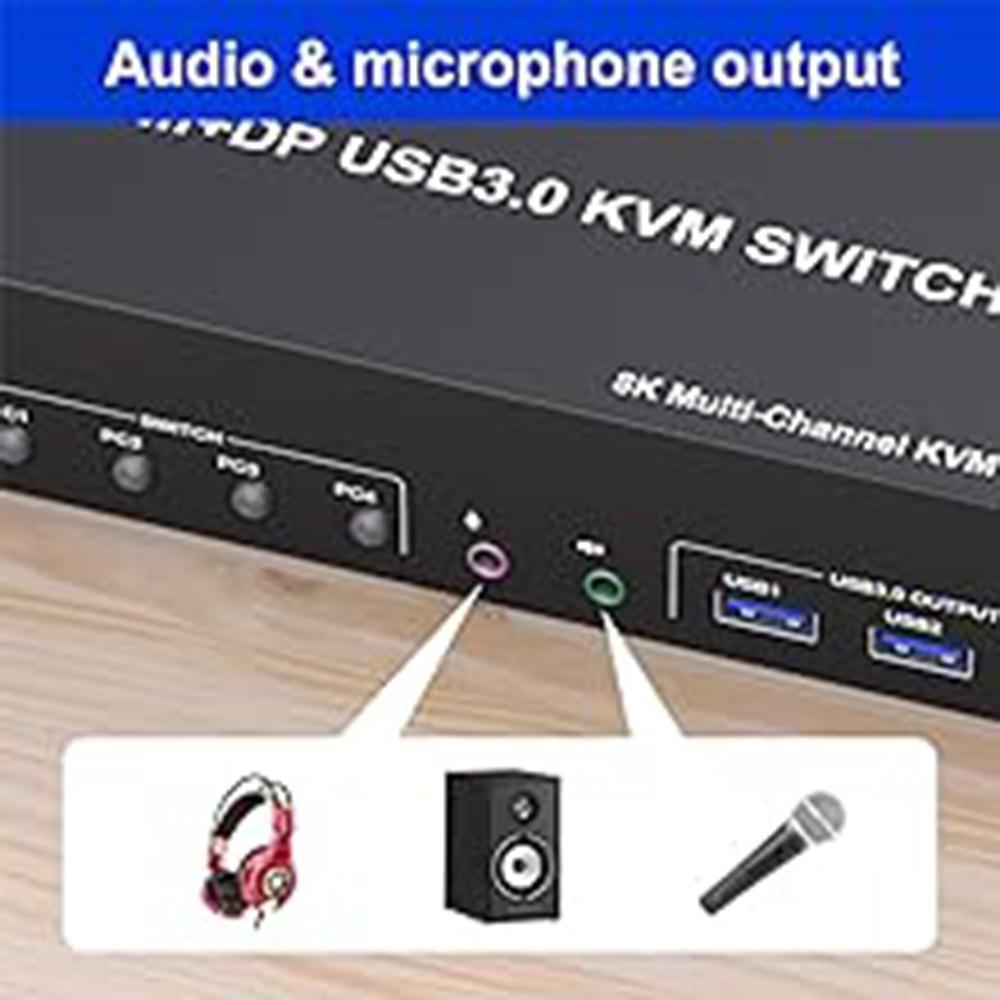 Audio and microphone output 3 monitors 4 computers KVM comes with a 3.5mm Audio Jack port with a DAC