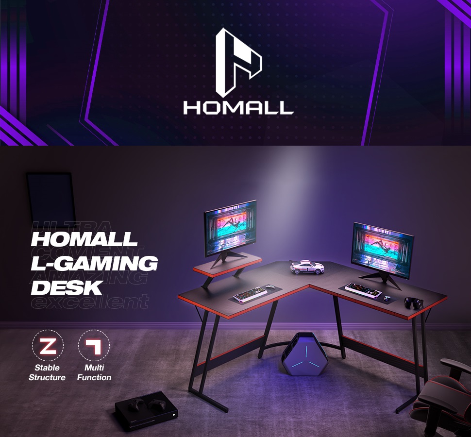  Homall L Shaped Gaming Desk Computer Corner Desk PC Gaming Desk  Table with Large Monitor Riser Stand for Home Office Sturdy Writing  Workstation (Black, 51 Inch) : Home & Kitchen