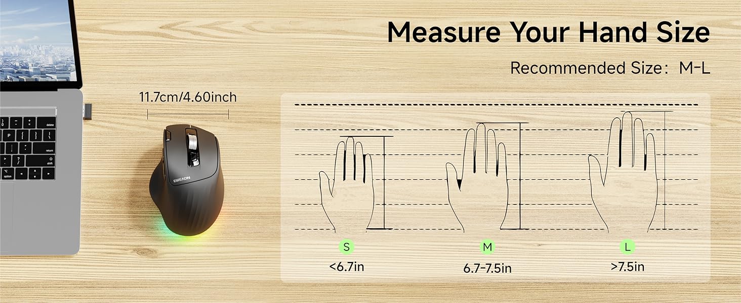 Ergonomic Wireless Mouse, 2.4G & Bluetooth Wireless Mouse for Laptop