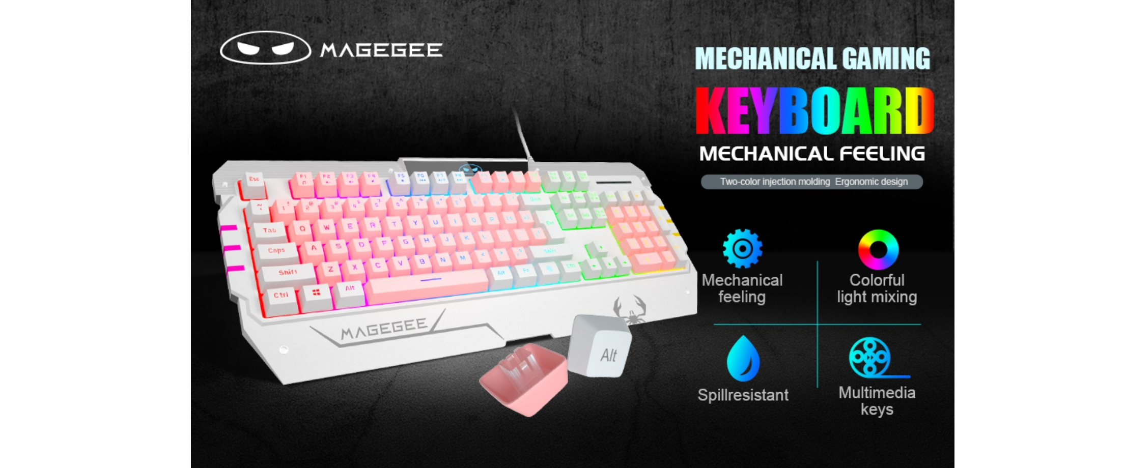 Magegee mechanical feeling keyboard, two-color keycap, spill resistant, RGB mixed light