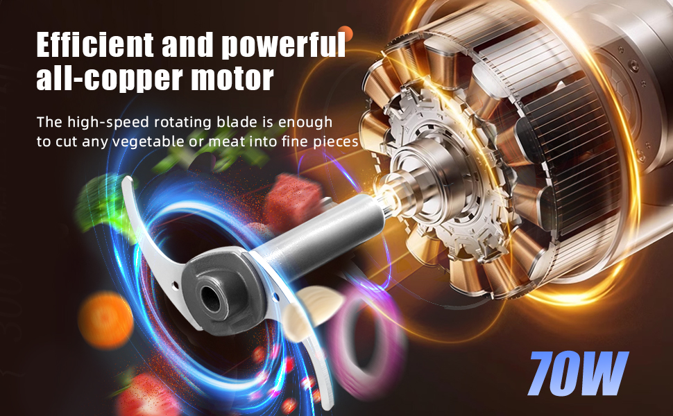With a powerful 70-watt motor and sharp blades, it can quickly chop vegetables and meat.