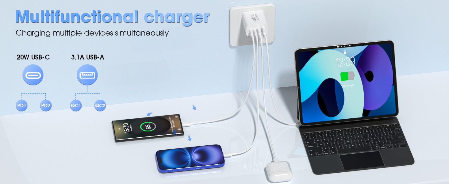 USB C Charger Block, 2 Pack 40W 4-Port for iPhone Charger Fast Charging Multiport PD 3.0 & QC 4.0 Do