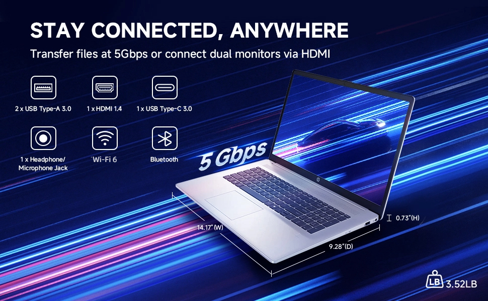 HP Laptop Ports & Dimensions, 5Gbps Transfer, Connectivity