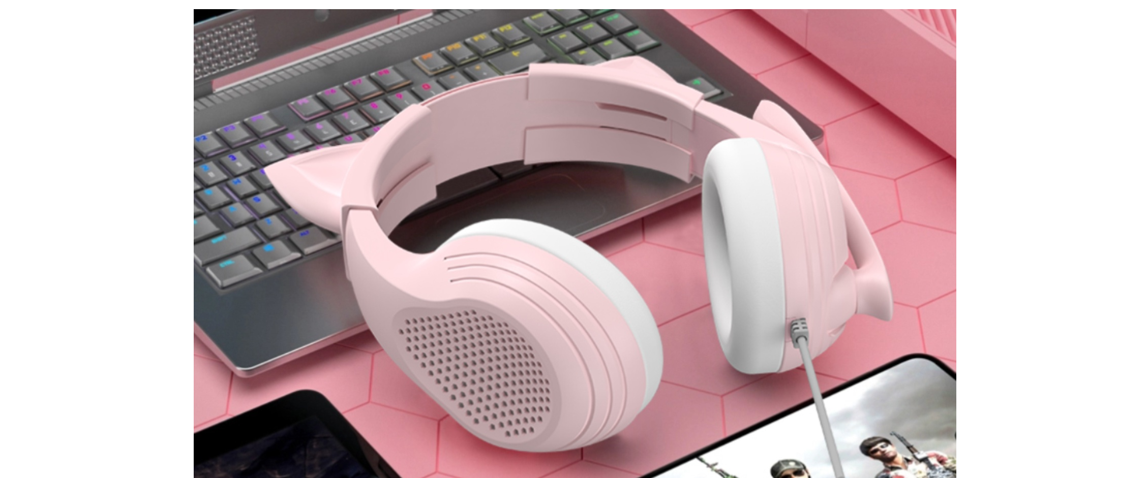EACH pink cat ear over-ear headset, gaming setup, multi-scene use