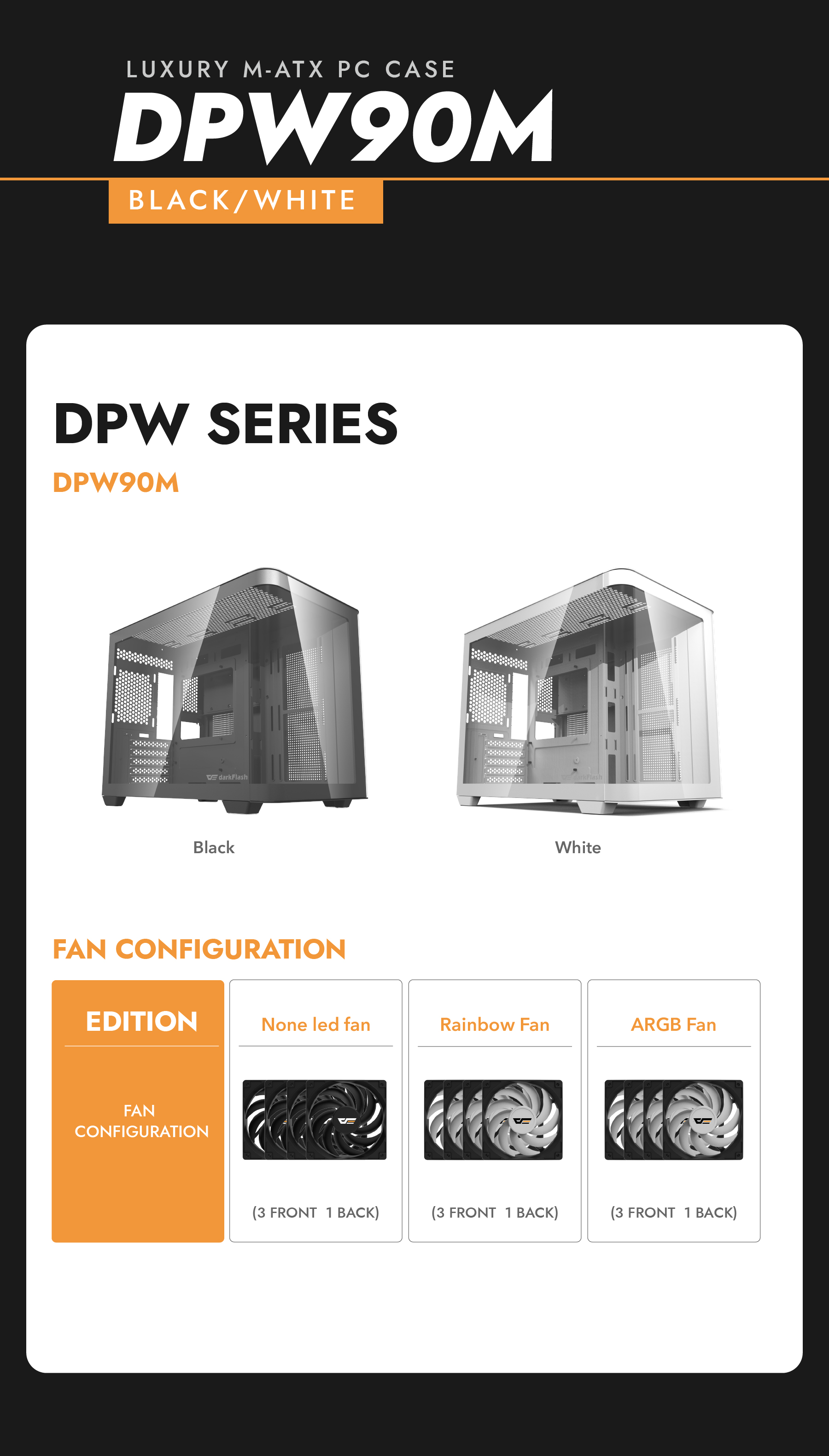 darkFlash DPW90M,Micro-ATX PC Gaming Case,3×Pre-Installed ARGB PWM Fans