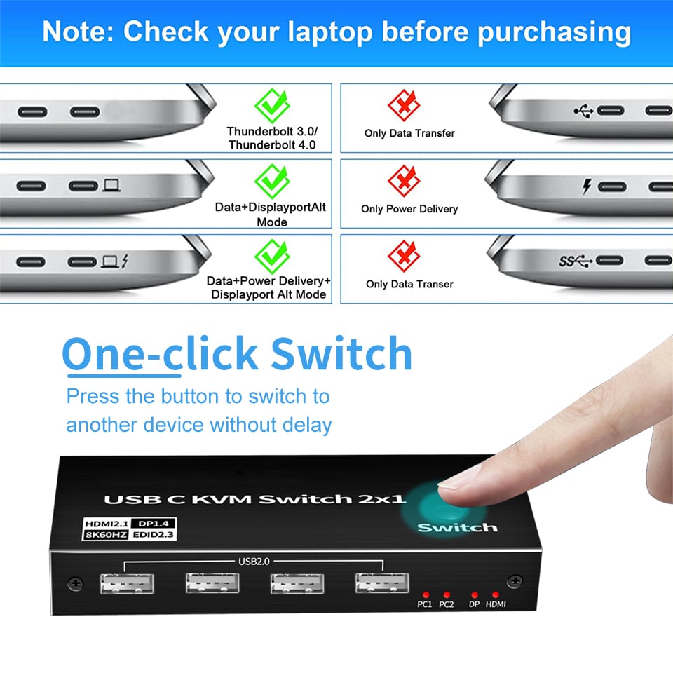 2X1 8K USB C KVM Switch