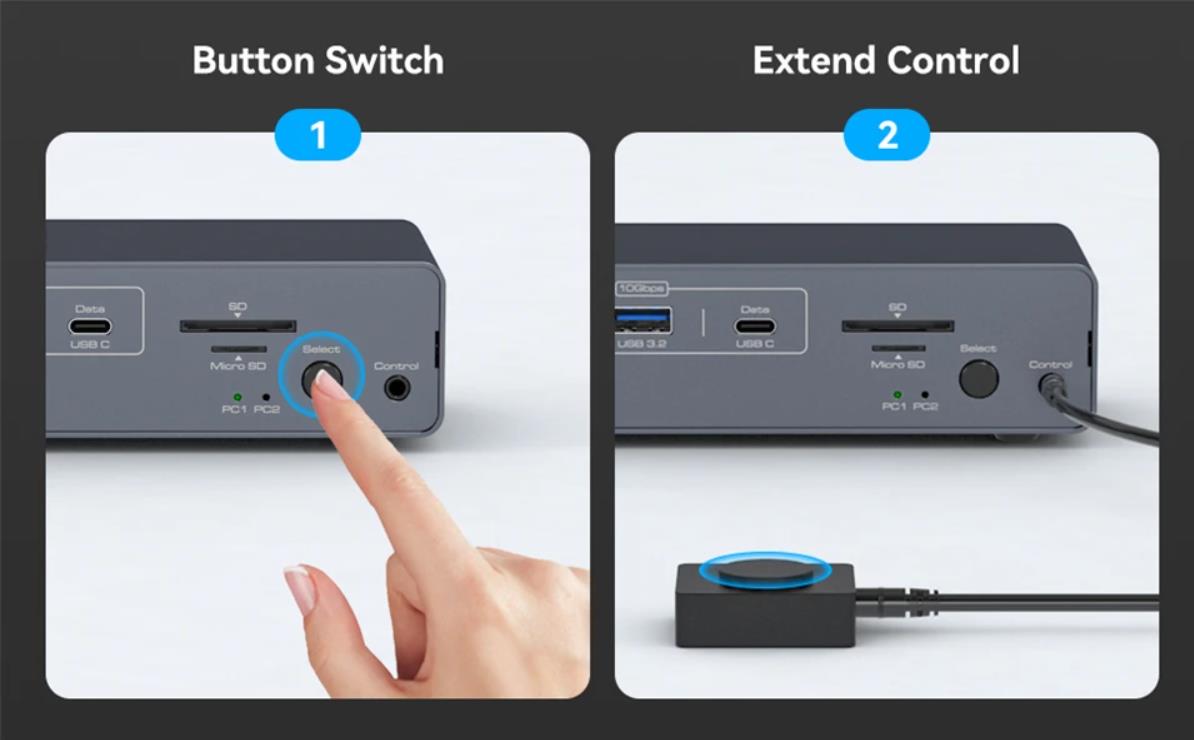 ONE BUTTON TO SWITCH  1. Desktop extension button lets you hide the extension under your desk or out