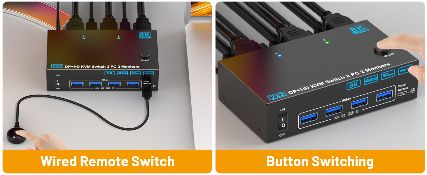 KVM Switch 2 PC 2 monitors driver-free for Windows, Mac OS, Linux and Chrome OS and most other popul