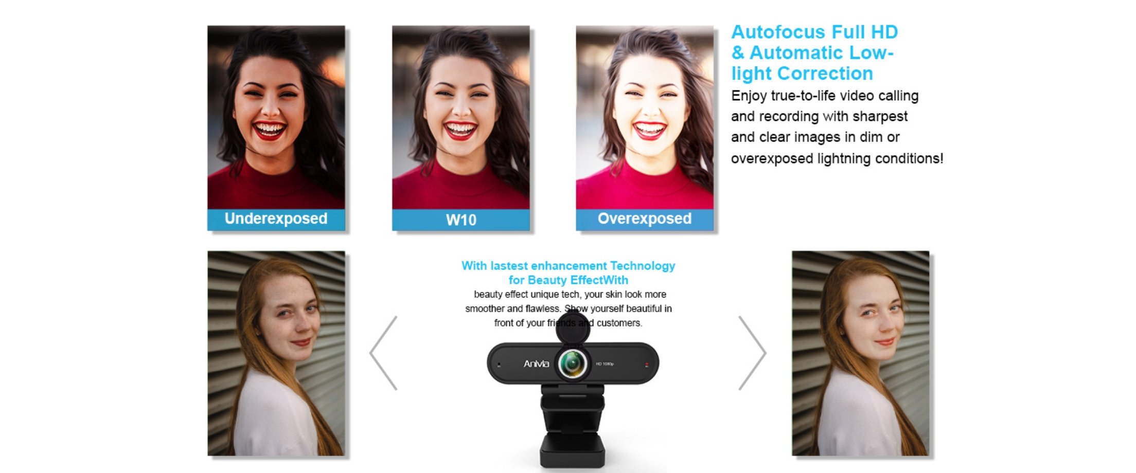 EACH webcam,low light correction,beauty effect,auto focus,exposure adjustment,portrait video