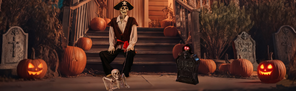Captain Skeleton with 15" Animated Tombstone & Half Skeleton