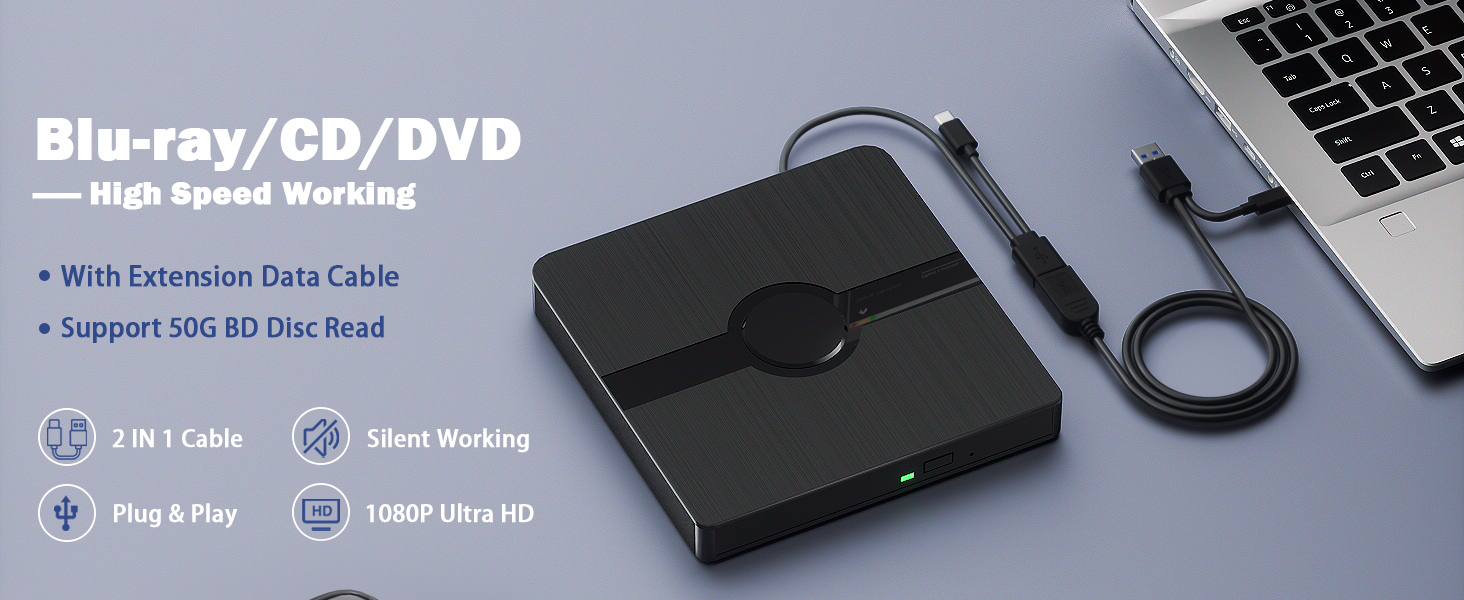 External Blu Ray Drive, USB 3.0 and Type-C Blu Ray Drive with Extension Data Cable, Portable Blu Ray
