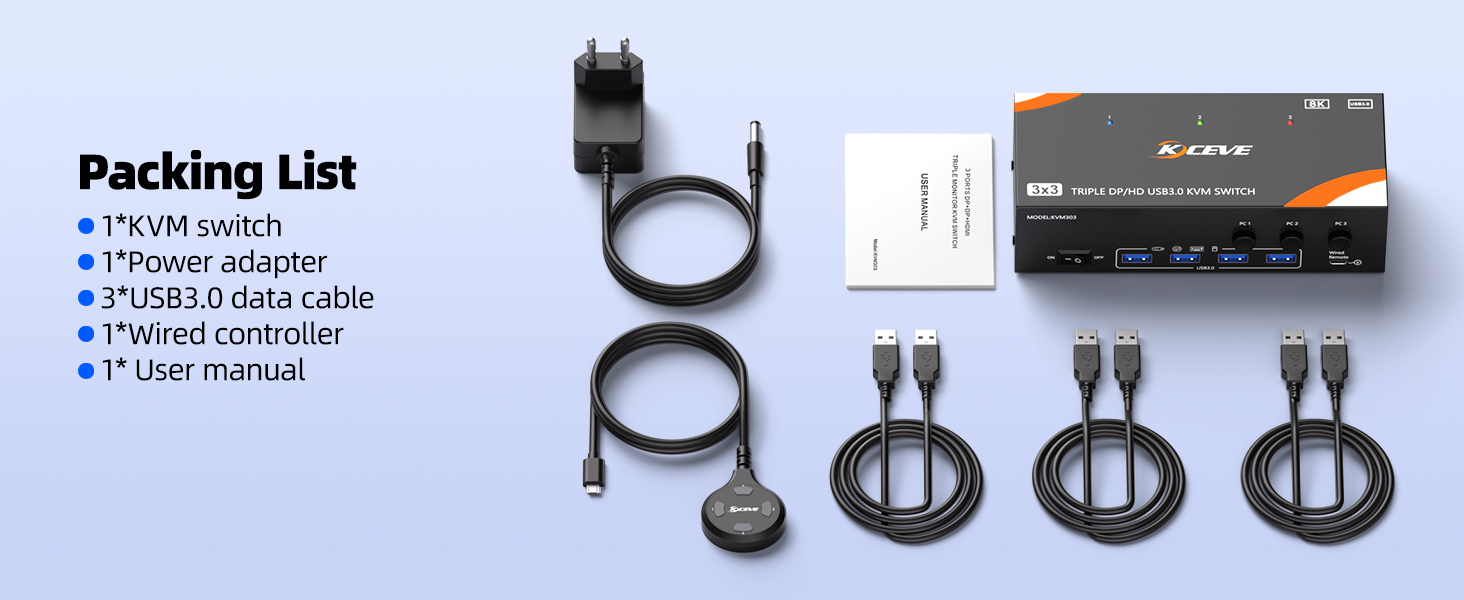 8K@60Hz KVM switch 3 PCs share 3 monitors and 4 USB devices