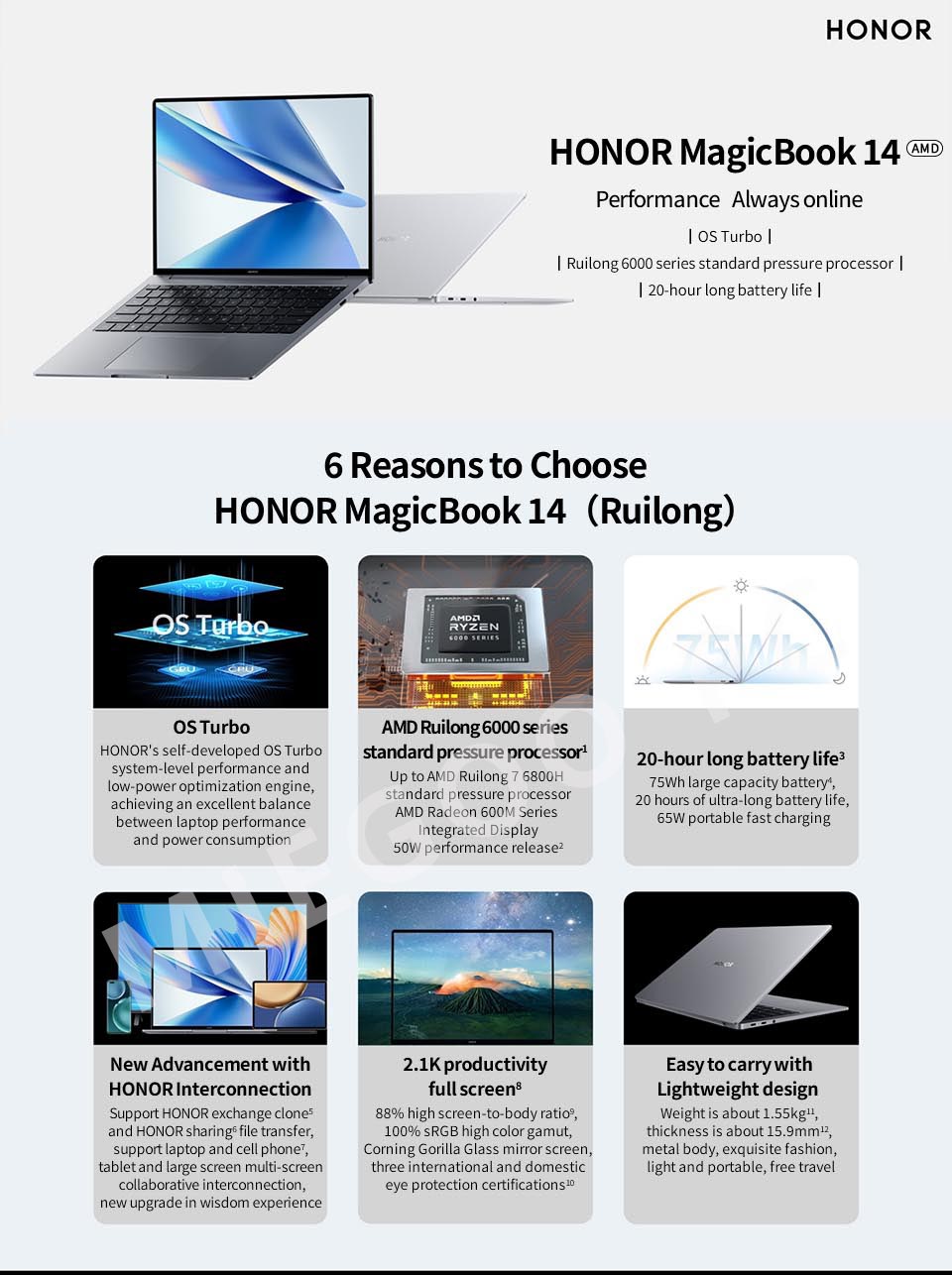 Honor MagicBook 14 Ryzen Edition 2022 R5-6600H 16G 512G thin and light  notebook/20 hours long battery life/14-inch 2.1k eye protection screen  Glacier