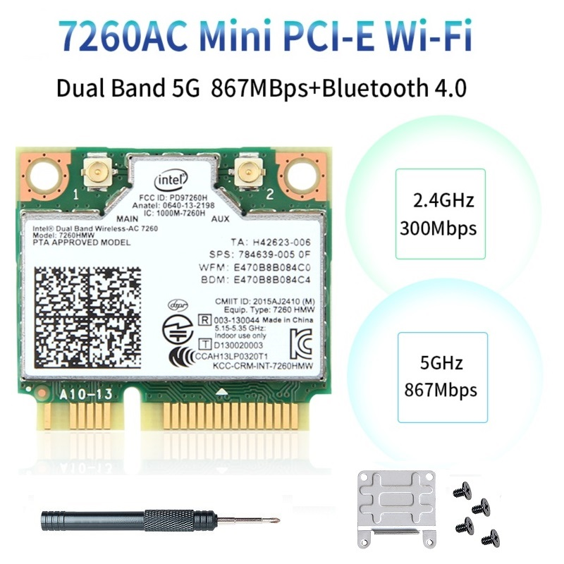 Intel 7260 wifi card for PC Laptop Dual Band 2.4GHz/5GHz Mini PCI-E Interface,Wireless-AC 1200Mbps 7260HMW Network Adapter 802.11ac wifi Bluetooth 4.0 Windows 7 8 10 (32/64-bit) Wireless Adapters - Newegg.com
