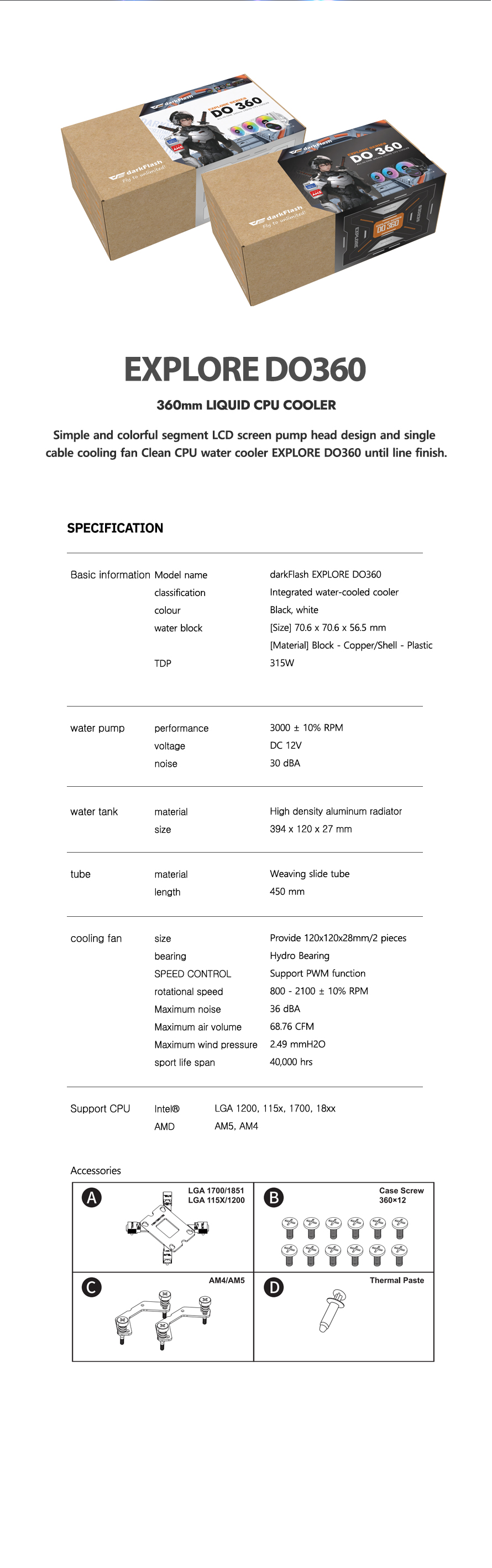 darkFlash EXPLORE DO360 360mm AIO Liquid CPU Cooler Segment LCD Display 5V ARGB Lighting Coppe