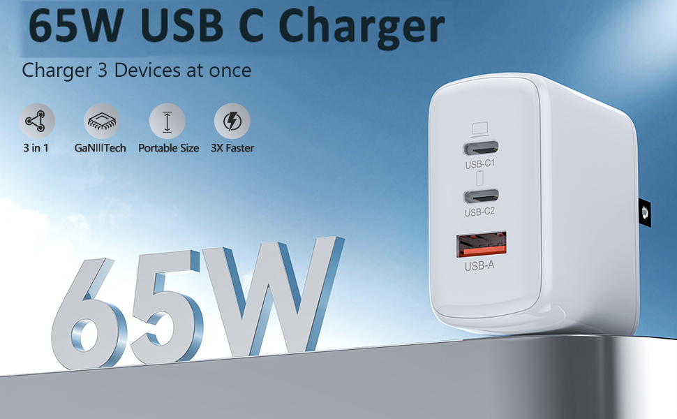 65W 3-Port GaN Fast Charger The 65W USB wall charger has 2 USB-C charging ports and a USB-A charging