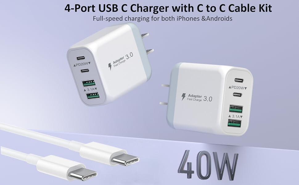 USB C Charger Block, 2 Pack 40W 4-Port Type C Charger Fast Charging Block