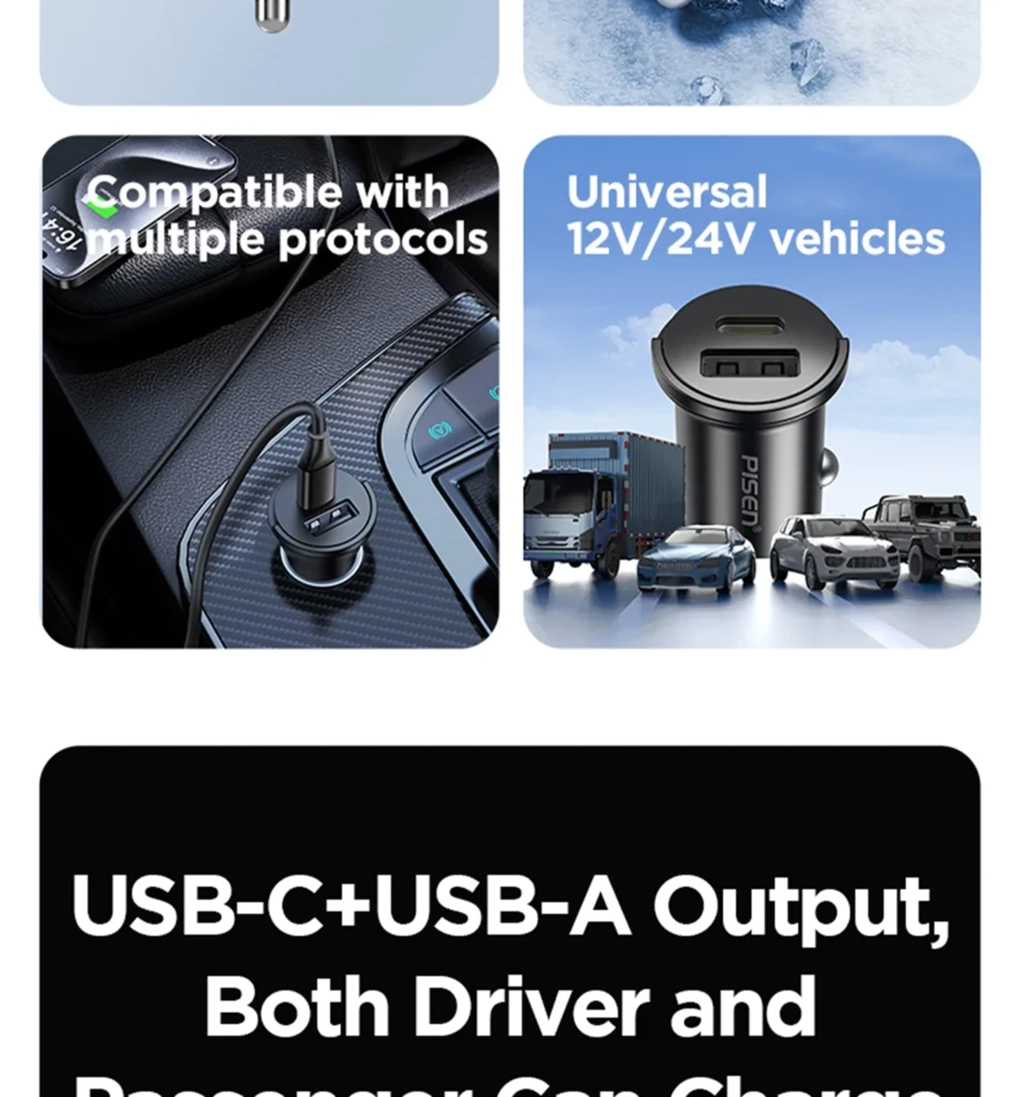 PISEN-Quick USB-C+USB-A 20W Mini Car Charger