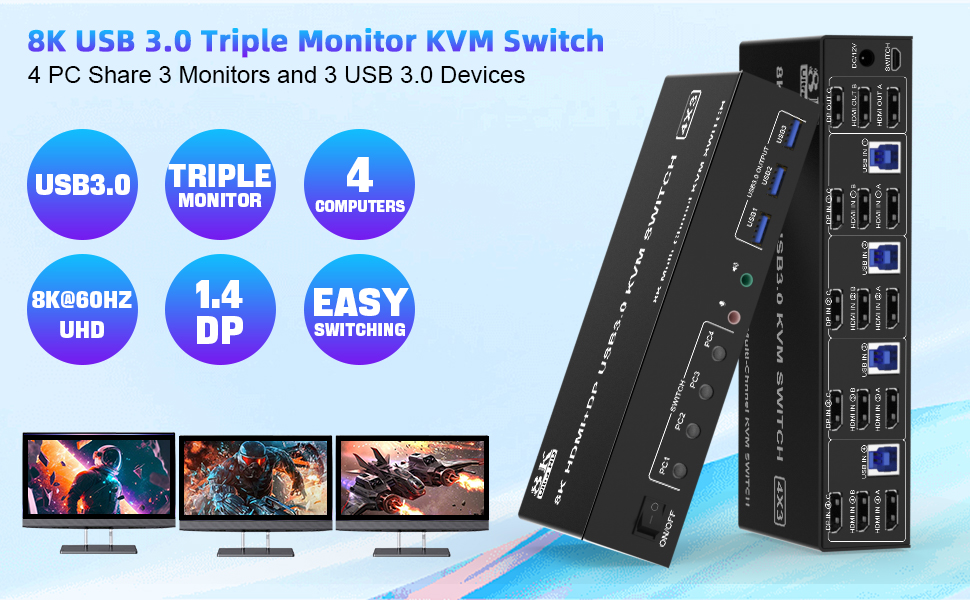 AUTYUE 8K@60Hz KVM Switch 3 Monitors 4 Computers 4K@144Hz, 2 HDMI + 1 DisplayPort KVM Switch Triple